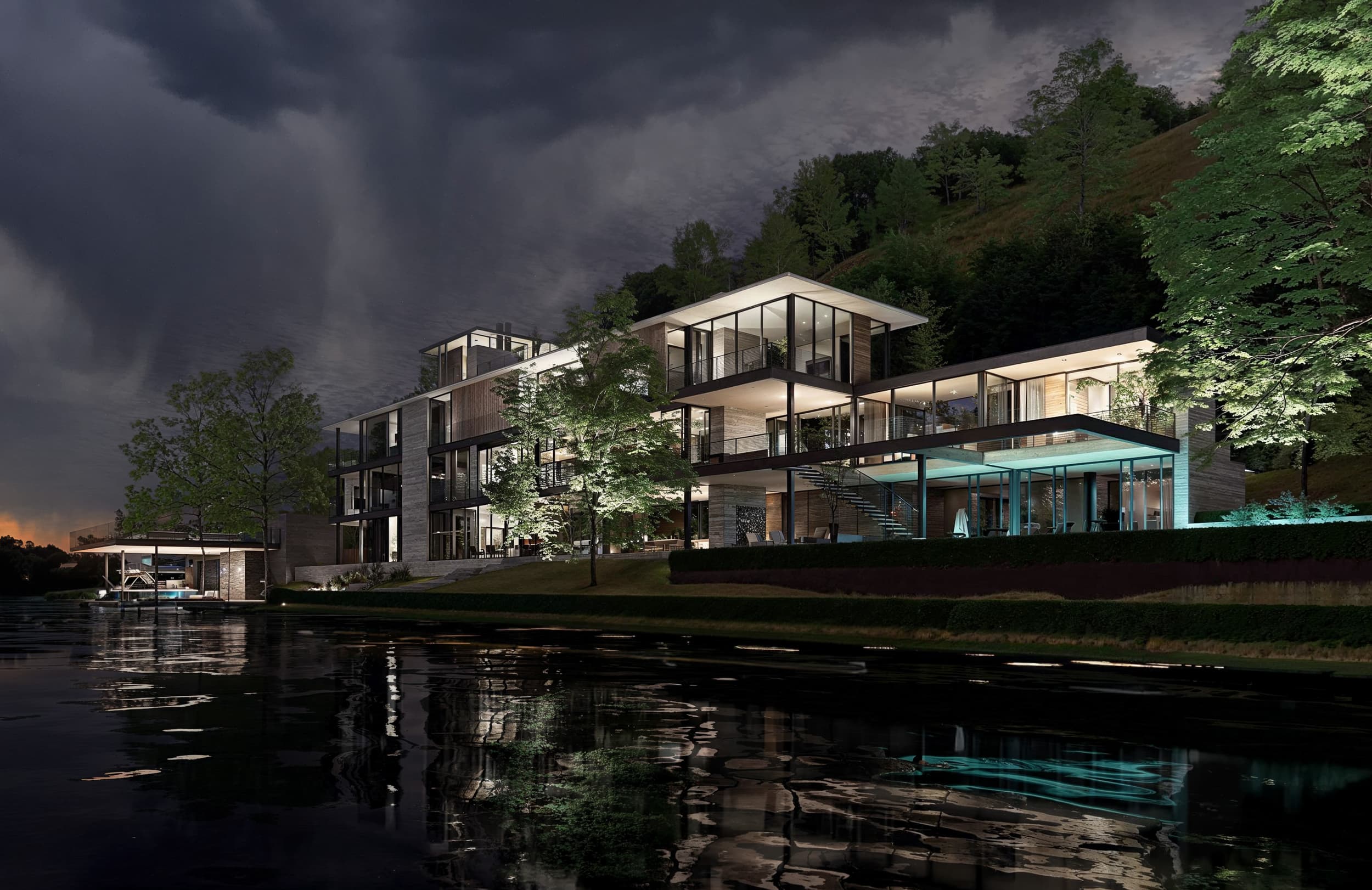 Rivercrest Residence - Night Render; A Parallel Architecture
