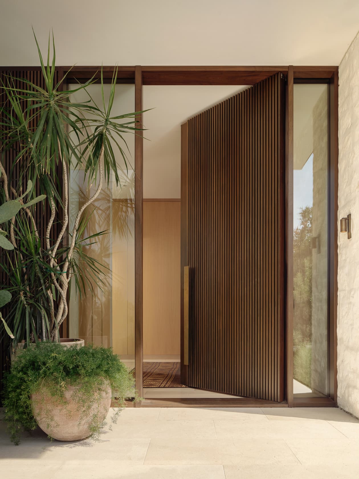 A large wooden pivot door stands ajar in a modern entryway with lush potted plants.